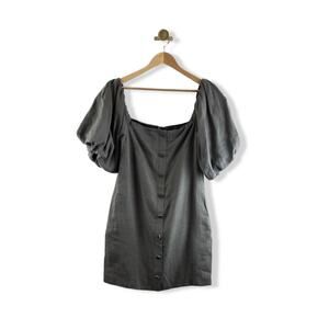 Exquise Yaretzi Charcoal Gray Washed Linen Puff Sleeve Mini Dress S NWT